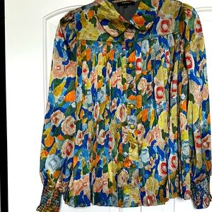 Radzoli Blue and Green Pleated Blouse with Peter Pan Collar